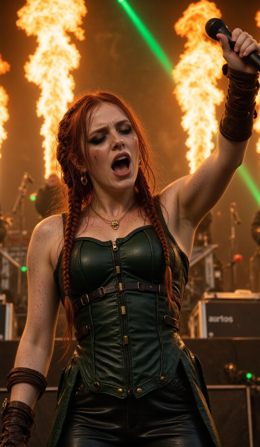 Aoife Kane belting with mic raised high under flame burst